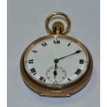 A George V J W Benson 9ct gold open face pocket watch, white enamel dial, bold Roman numerals,