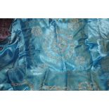 Textiles - a vintage Singapore embroidered turquoise table cloth/sheet, 94cm x 102cm,