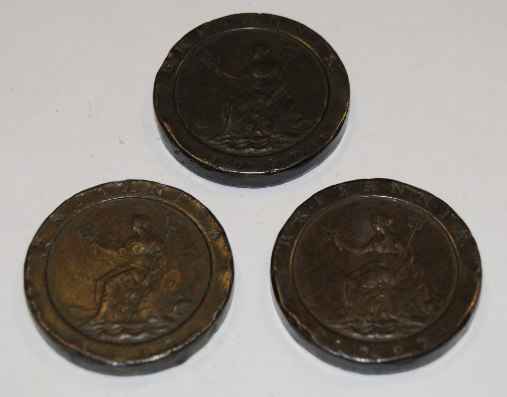 Coins - three George III cartwheel pennies,