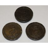 Coins - three George III cartwheel pennies,