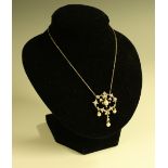 An Art Nouveau diamond and cultured pearl droplet pendant necklace,