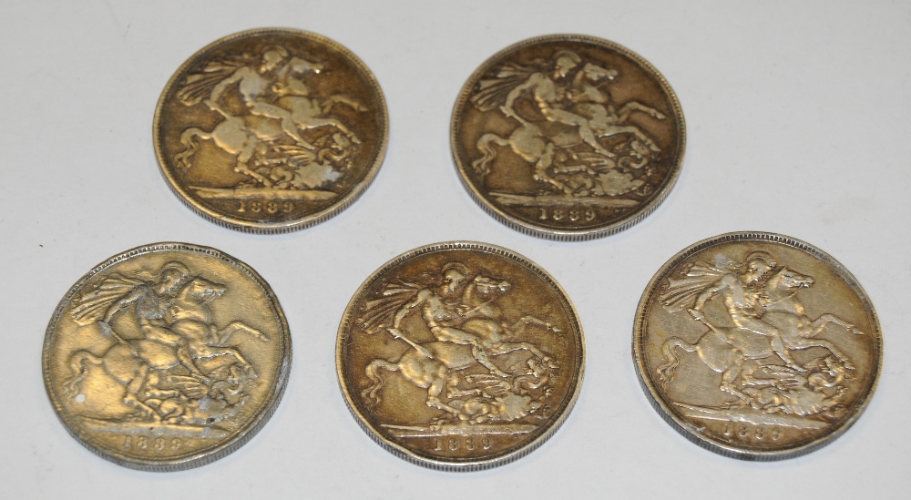 Coins - five Victorian silver crowns 1889