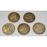 Coins - five Victorian silver crowns 1889