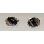 A pair of Blue John flourite and silver cufflink's, each with oval cabochon panel of approx 17.