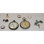 A silver open faced pocket watch; another,