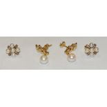 Earrings - a pair of 18ct gold diamond and cultured pearl drop earrings,
