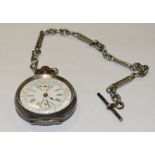 A 19th century continental silver open face pocket watch, white enamel dial, twin inner sub dials.