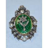 A 19th century diamond pearl and enamel pendant brooch,