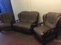 3-Piece Suite Wooden Trim Leather Sofas (leather needs attention, see images)