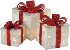 WeRChristmas Gift Box Silhouette LED Lights and Tinsel Christmas Decoration - White, Set of 3