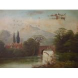 FRAMED SIGNED OIL ON CANVAS OF BRIDGE AND RIVER SCENE F.