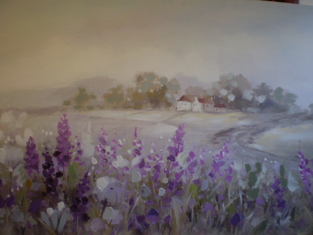 OIL ON CANVAS OF FIELD SCENE 140 X 70CM UNSIGNED AND UNFRAMED.