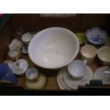 BOX OF MISC CHINA INCLUDING SPODE AND POOLE PLUS DRESSING ITEMS