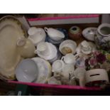 BOX OF MISC CHINA INCLUDING PORTMEIRION AYNSLEY ROYAL DOULTON AND SPODE