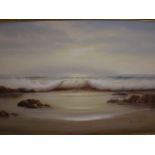 FRAMED AND SIGNED OIL ON BOARD OF COASTAL SCENE ( 68 X 97 CM)