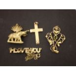 GOLD 9CT PENDANT CROSS AND I LOVE YOU PLUS CHAIN (3.