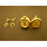 PAIR OF CUFFLINKS 22 CARAT PLATED (UNMARKED) ONE OF WHICH CONTAINS WATCH,