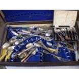 MISC COLLECTION OF MOSTLY PLATED CUTLERY IN LARGE WOODEN BOX