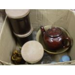 MIXED BOX INCLUDING 3 PIECE DENBY DECANTERS, STONEWARE CRUET SET,