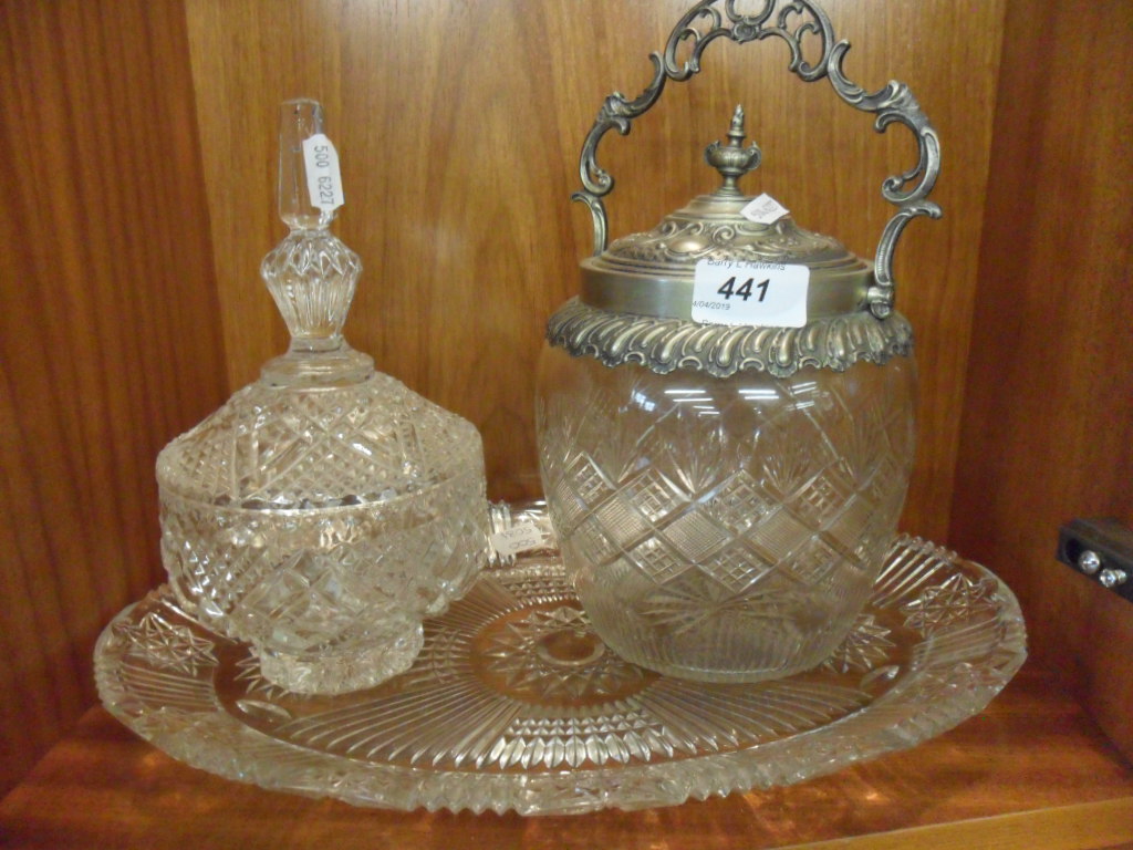 3 PIECES OF CUT GLASS TO INCLUDE LIDDED JAR,