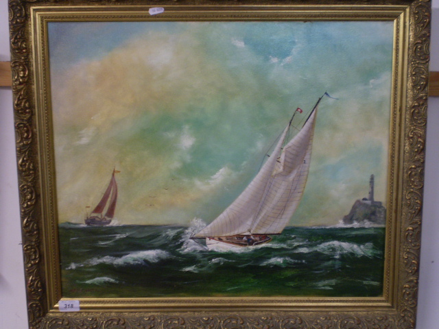 SIGNED CHRIS SATCHEL OIL ON CANVAS TITLED ROUNDING THE FASTNET 1998, - Image 2 of 3