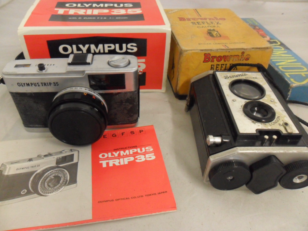 KODAK BROWNIE REFLEX CAMERA AND OLYMPUS TRIP 35 CAMERA, BOTH WITH ORIGINAL BOXES,