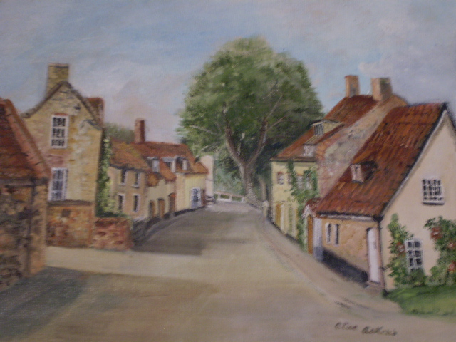 4 SIGNED ALICE ASKEW LOCAL INTEREST OILS AND WATERCOLOURS, DOWNHAM CLOCK, DENVER CHURCH,