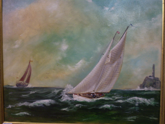 SIGNED CHRIS SATCHEL OIL ON CANVAS TITLED ROUNDING THE FASTNET 1998,