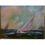 SIGNED CHRIS SATCHEL OIL ON CANVAS TITLED ROUNDING THE FASTNET 1998,