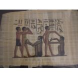 HAND PAINTED ON LINEN EGYPTIAN THEMED DEPICTION OF PROCEDURE WITH SIMILAR THEMED VASE