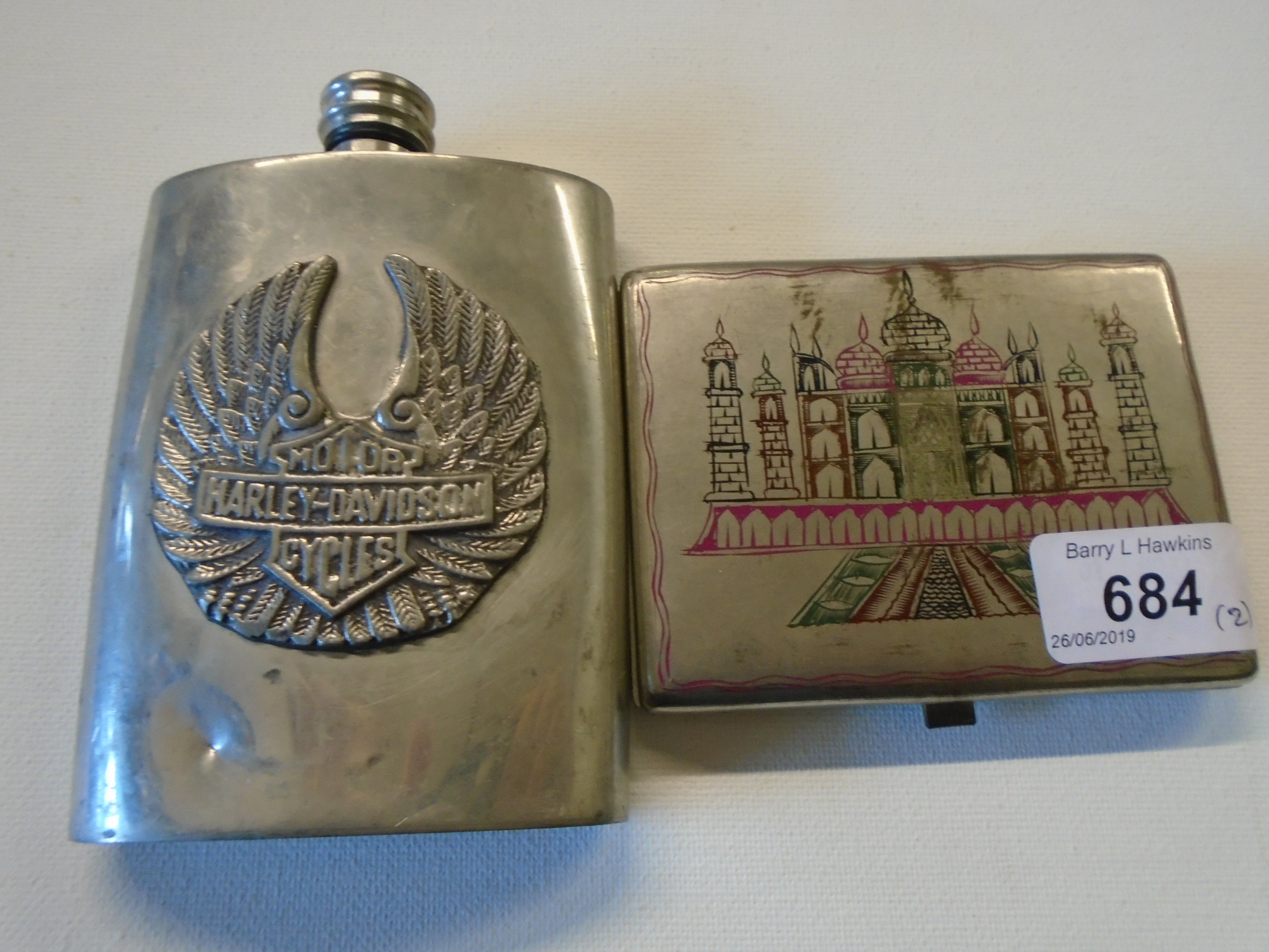 CIGARETTE CASE DEPICTING EASTERN BUILDING AND HARLEY DAVIDSON HIP FLASK