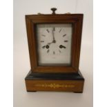 FRENCH WOOD CARRIAGE CLOCK WITH INLAY WHITE ENAMELLED DIAL WITH ROMAN NUMERALS,