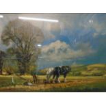 PRINT OF HORSE AND PLOUGH FARMING SCENE (88 X 62)CM