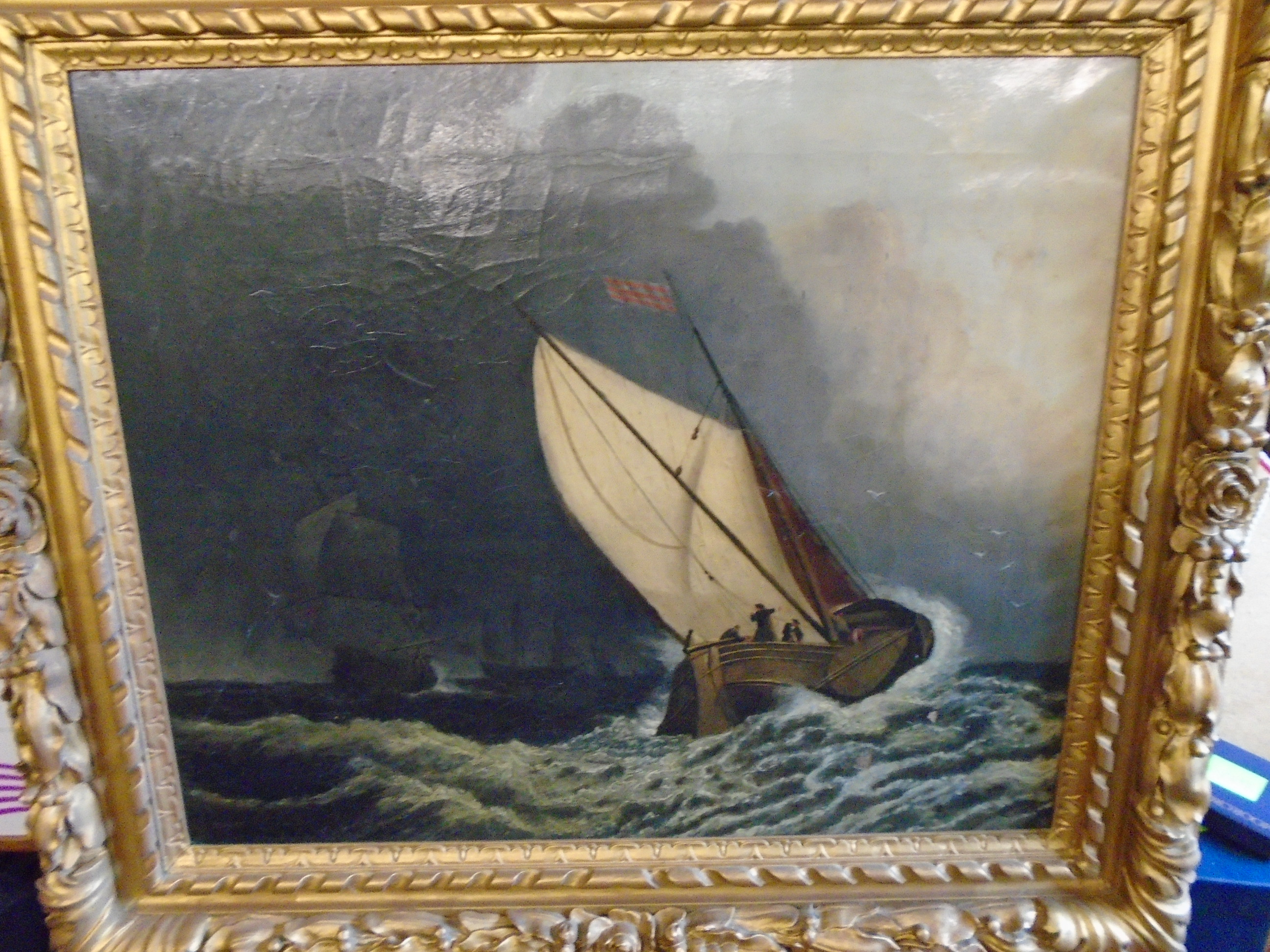 OIL ON CANVAS OF SHIPS IN STORMY SEAS ATTRIBUTED TO W NEWCOME 1842 A/F - Image 2 of 6