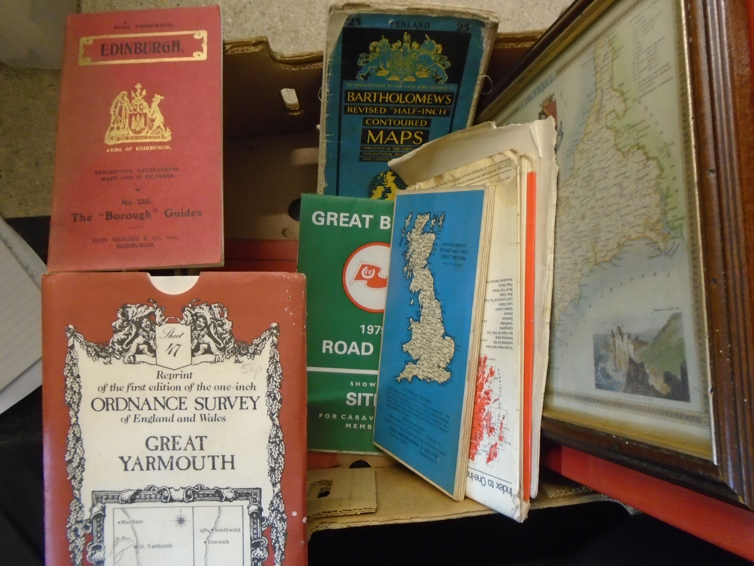 BOX OF VINTAGE MAPS SOME OS AND MAP BOOKS