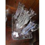 CUT GLASS TRAY AND 7 VARIOUS VASES PLUS SHOT GLASS