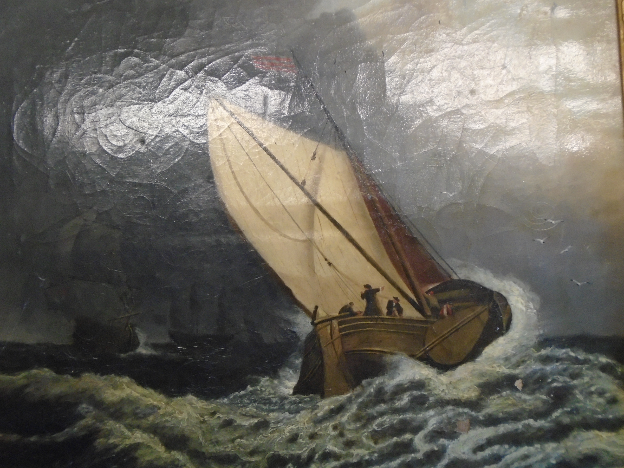 OIL ON CANVAS OF SHIPS IN STORMY SEAS ATTRIBUTED TO W NEWCOME 1842 A/F