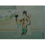 SIGNED ORIENTAL THEMED WATERCOLOUR ON CLOTH (50 X 40)CM