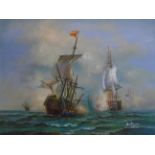 H M BROSE OIL ON BOARD OF SHIPS IN COMBAT (72 X 62)CM