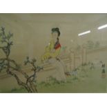 SIGNED ORIENTAL THEMED WATERCOLOUR ON CLOTH (50 X 40)CM