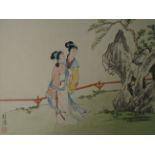 SIGNED ORIENTAL THEMED WATERCOLOUR ON CLOTH (50 X 40)CM