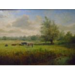 JG MACE SIGNED OIL ON BOARD OF COWS IN FIELD 2000 (65 X 35)CM