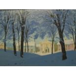 LINDSAY GUTTERIDGE SIGNED OIL ON BOARD OF WINTER SCENE (70 X 52)CM