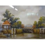 J MORLEY WATERCOLOUR OF MOLESEY LOCK (28 X 25)CM