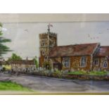 SIGNED PATRICIA HOLDING WATERCOLOUR OF ST MARYS CHURCH DENVER (65 X 26)CM