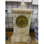 A FINE ROSE AND ALABASTER MANTLE CLOCK WITH BRASS/ORMLOU FACED CLOCK WITH ROMAN NUMERALS,