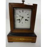 FRENCH WOOD CARRIAGE CLOCK WITH INLAY WHITE ENAMELLED DIAL WITH ROMAN NUMERALS,