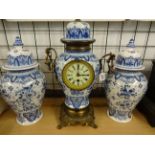 BLUE AND WHITE PORCELAIN MANTLE CLOCK NO KEY OR PENDULUM 51CM TALL