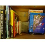 BOX OF CAR AND BIKE RELATED BOOKS PLUS F1 PROGRAMMES AND STOCK CAR MAGAZINES