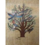 OIL ON PAPYRUS PAPER OF BIRDS IN TREE FROM KARMAK PAPYRUS EXHIBITION